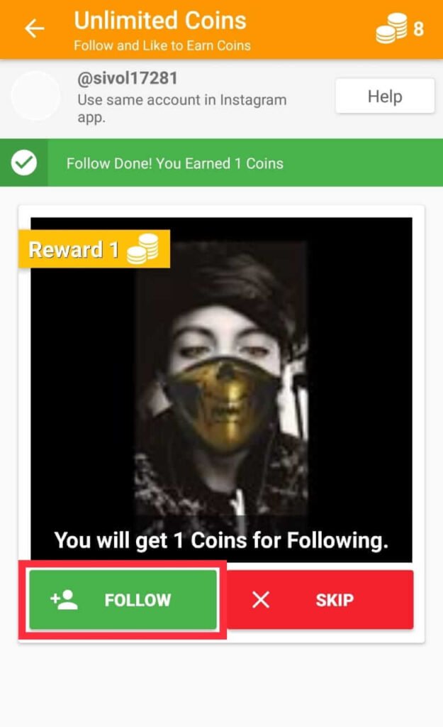 Follow and Earn Coins